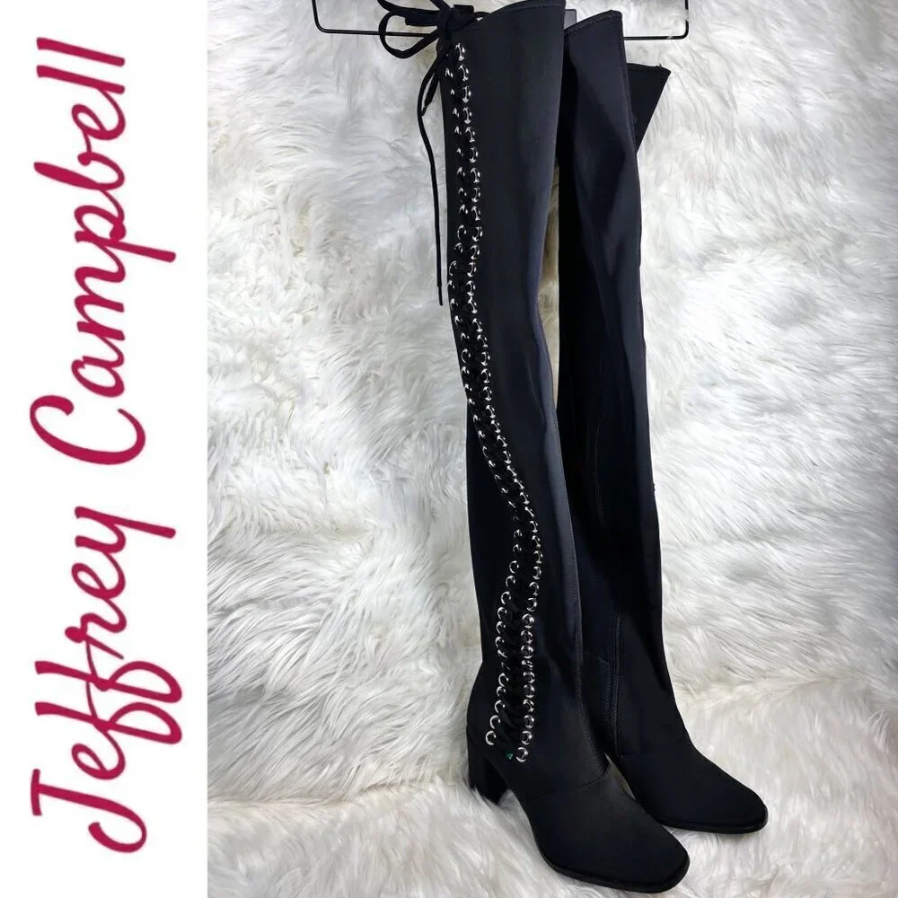 NWOB JEFFREY CAMPBELL Black Elektra Corset Faux Leather Over The Knee Boots,‎ 6